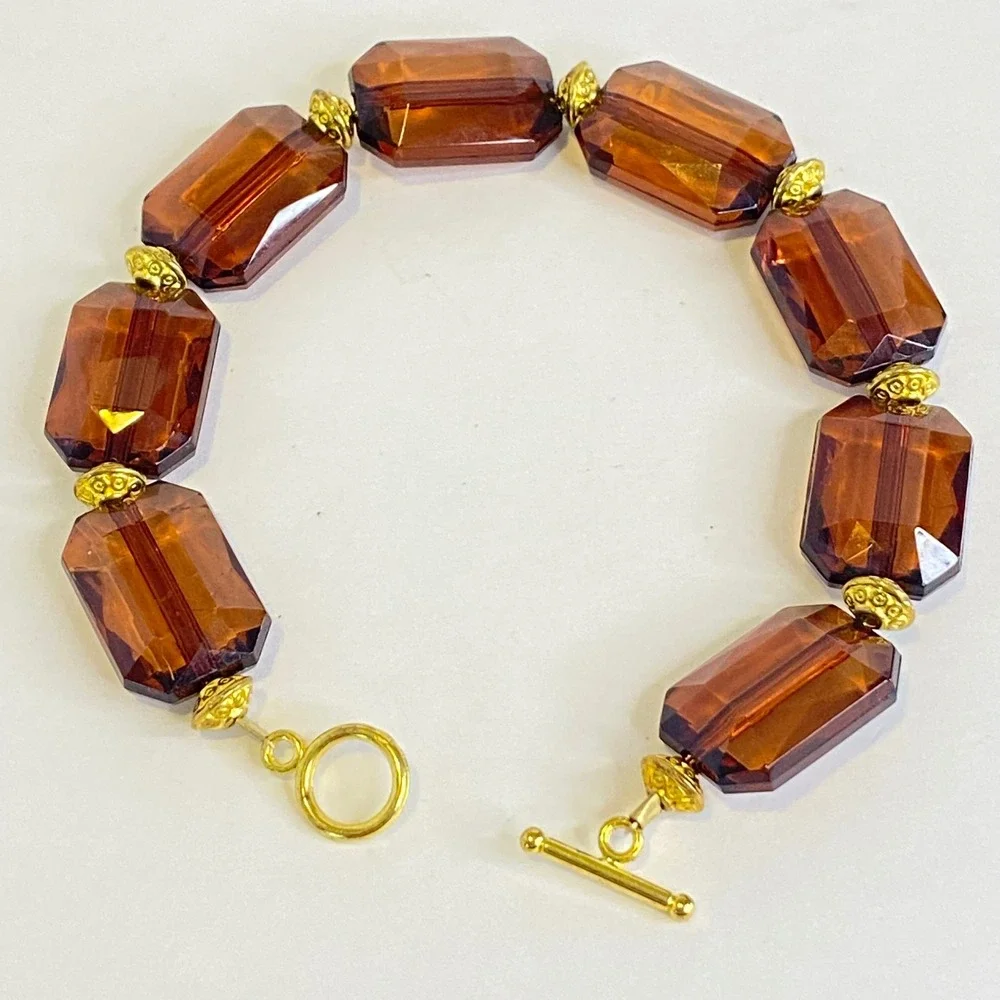Honey Brown Root Beer Chunky Faceted Acrylic Bead Bracelet Gold Tone Autumn Fall